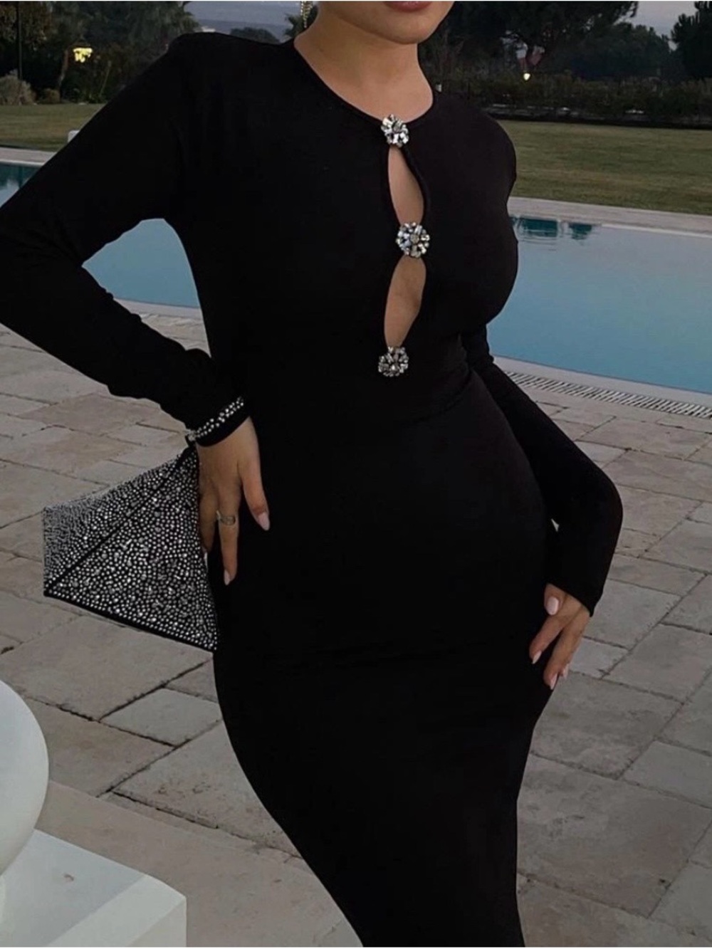 Classic Black Long Sleeve Maxi Dress with Jewel Buttons